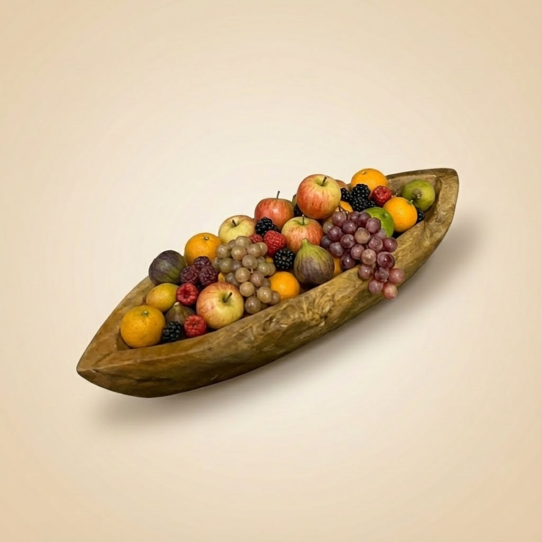Barque-a-Fruits-3-en-teck-naturel-vue-de-dessus-—-grand-plateau-sculpte-artisanal-pour-fruits-et-decoration-interieure-minimaliste-bois-durable-et-grain-riche.