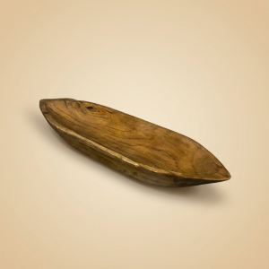 Barque à Fruits (CH146) angle latéral – plateau décoratif en bois de teck massif, design épuré, sculpture artisanale pour décoration intérieure et présentation des fruits.”