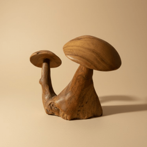 sculpture champignons teck massif artisanal verni décoration intérieure naturelle