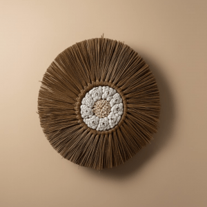 texture rapprochée pièce murale artisanale raphia naturel et coquillages blancs décoration murale exotique