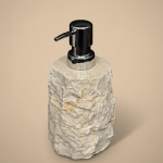 Gros plan du distributeur de savon en marbre blanc avec finition artisanale